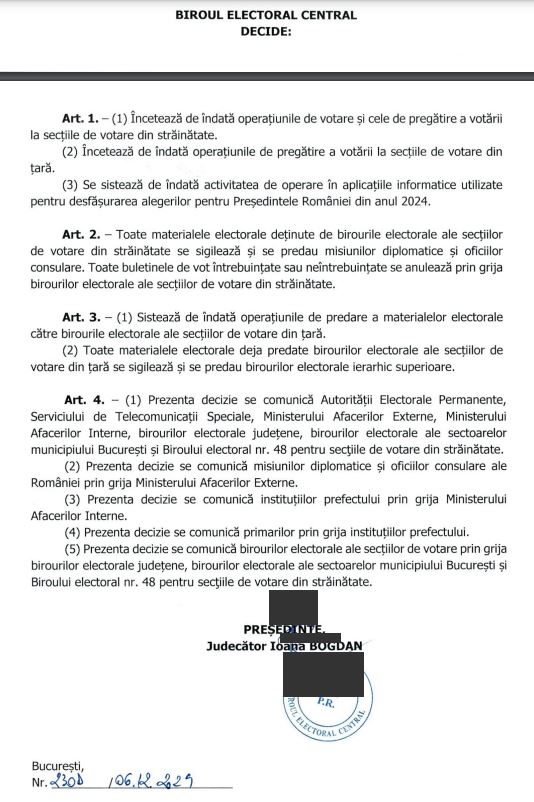 Biroului Electoral Central încetează de îndată operațiunile de votare și cele de pregătire a votării la secțiile de votare din străinătate-2