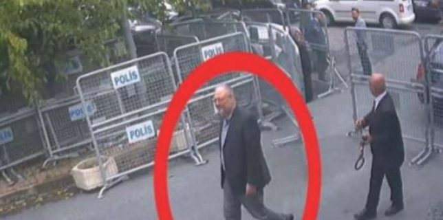 A still image taken from CCTV video and obtained by TRT World claims to show Saudi journalist Jamal Khashoggi, highlighted in a red circle by the source, as he arrives at Saudi Arabia’s Consulate in Istanbul