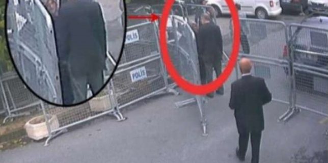 A still image taken from CCTV video and obtained by TRT World claims to show Saudi journalist Jamal Khashoggi, highlighted in a red circle by the source, as he stands with his fiancee Hatice Cengiz outside the Saudi Arabia’s Consulate in Istanbul