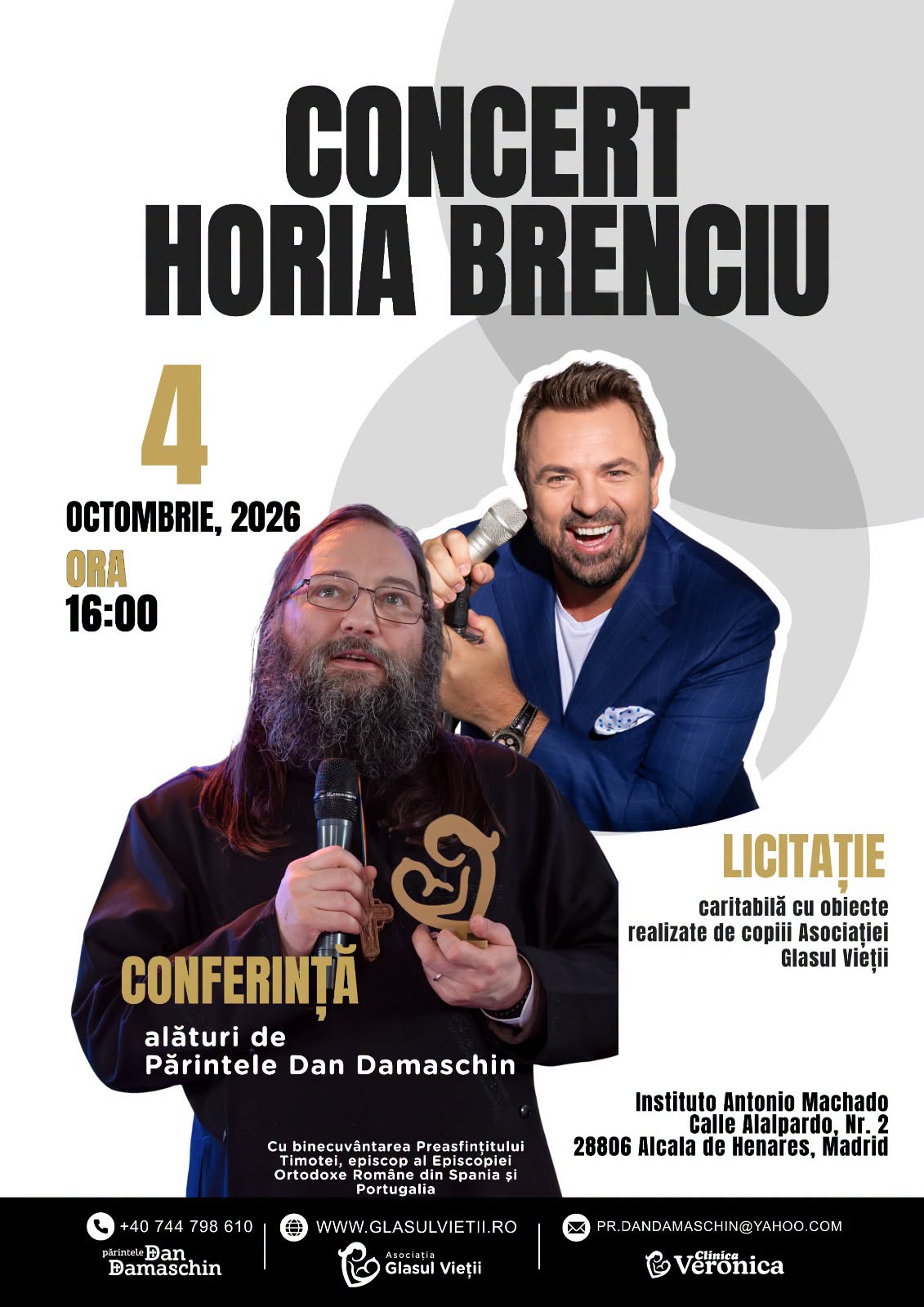 Madrid Concert caritabil cu Horia Brenciu și conferință cu Părintele Dan Damaschin-afis