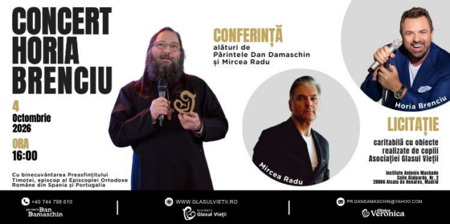 Madrid: Concert caritabil cu Horia Brenciu și conferință cu Părintele Dan Damaschin și Mircea Radu Madrid Concert caritabil cu Horia Brenciu și conferință cu Părintele Dan Damaschin și Mircea Radu