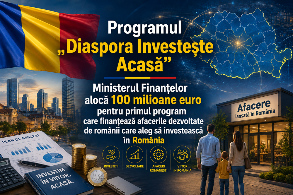 Programul Diaspora Investește Acasă Ministerul Finanțelor alocă 100 milioane euro pentru primul program care finanțează afacerile dezvoltate de românii care aleg să investească în România