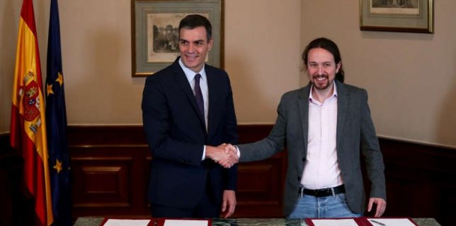 Spain’s acting PM Sanchez and Unidas Podemos leader Pablo Iglesias meet in Madrid
